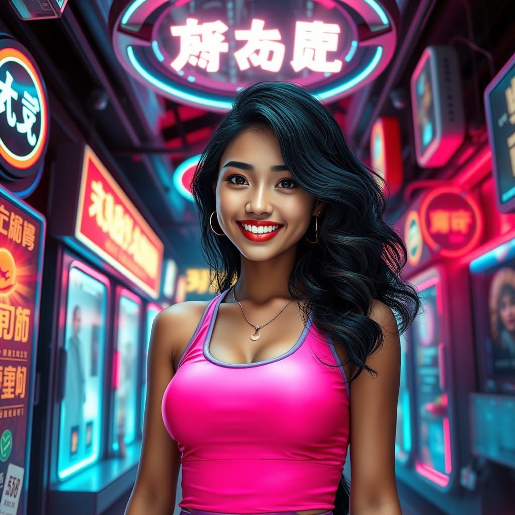 Confident Asian Woman Embodies Futuristic Neon Glamour