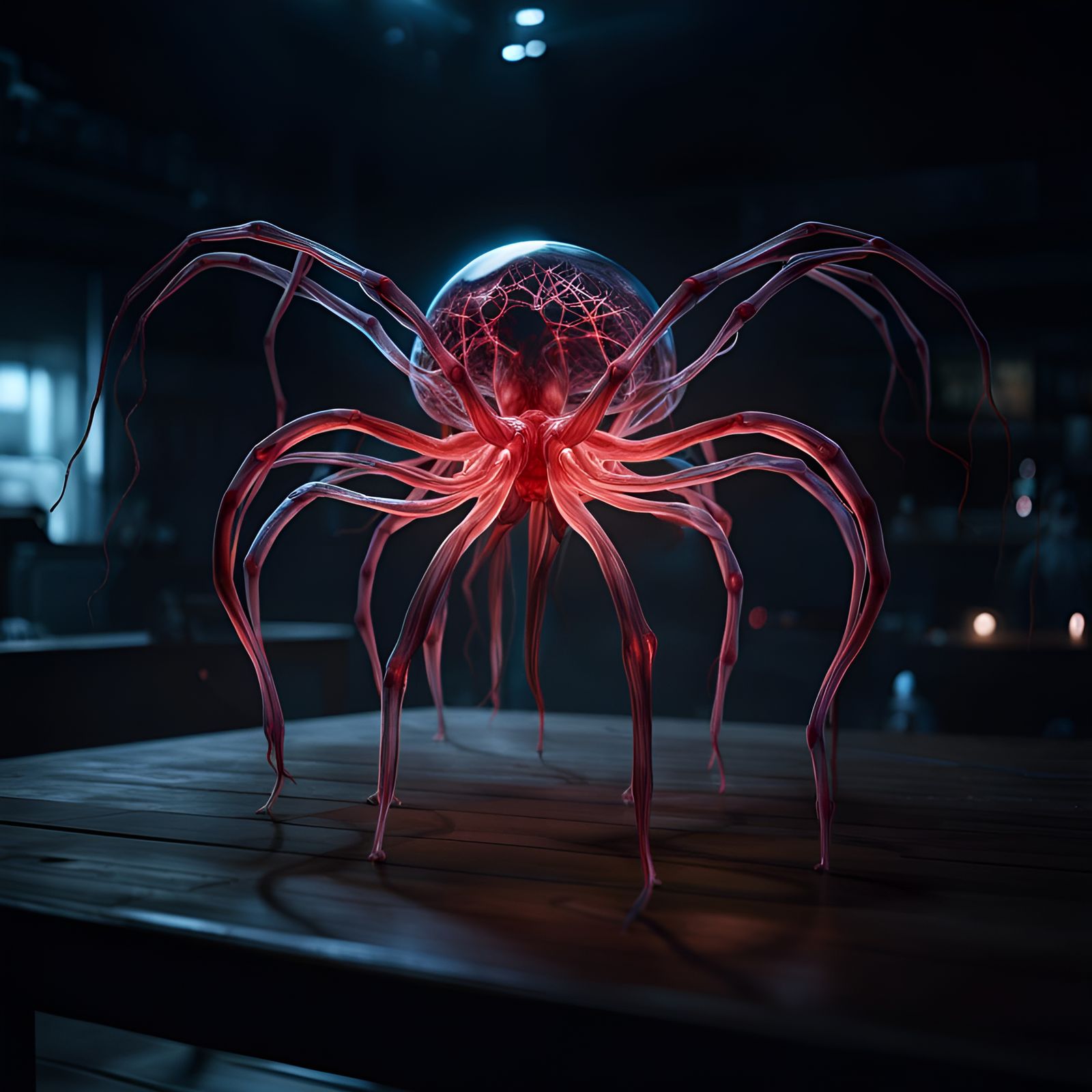 Luminous Multi-Armed Creature in Dark Lab, Surreal Art