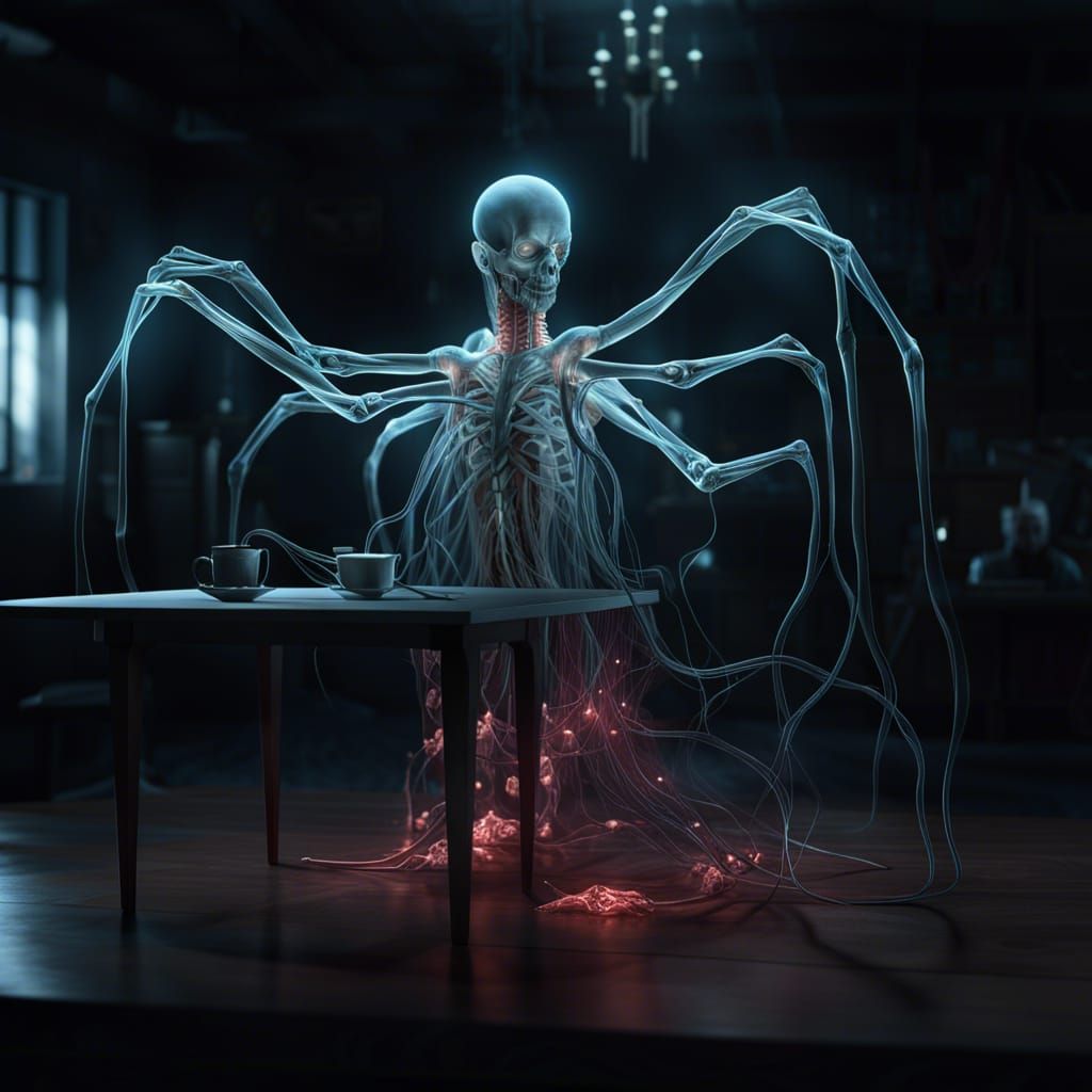 Luminous Multi-Armed Creature in Dark Lab, Surrealist Art