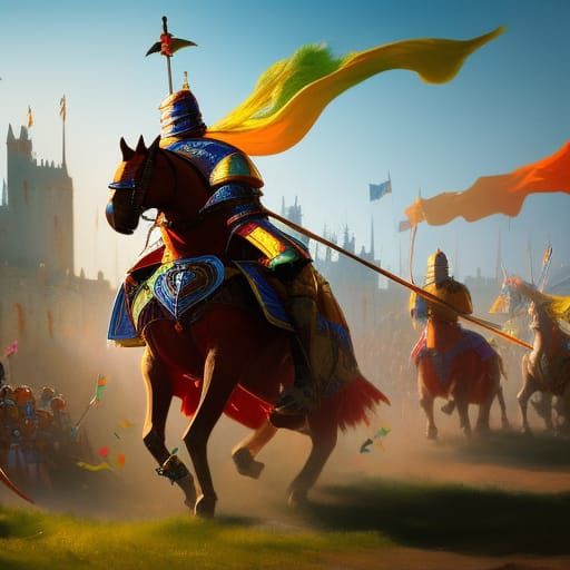Knights Jousting in Colorful Tournament Art