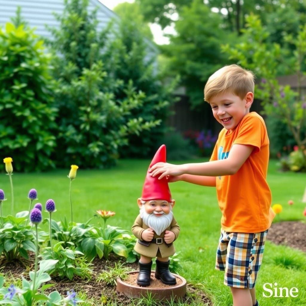 Boy Places Garden Gnome, Whimsical Illustration
