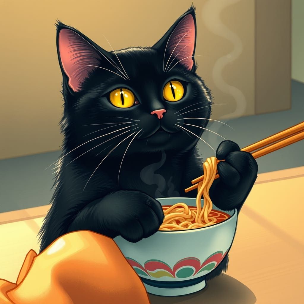 Curious Black Cat Savoring Ramen in a Whimsical Japanese Sce...