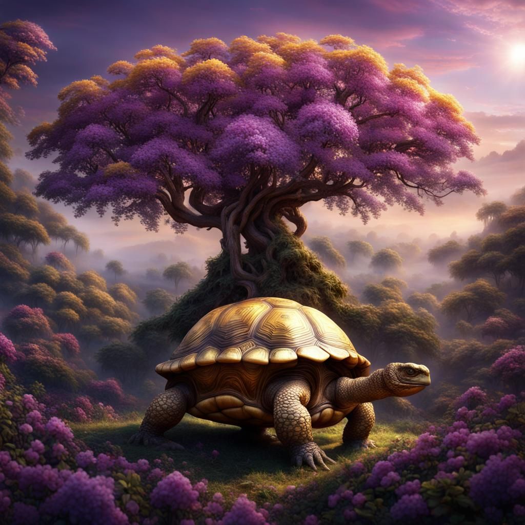 Golden Tree on Tortoise with Purple Fruit
