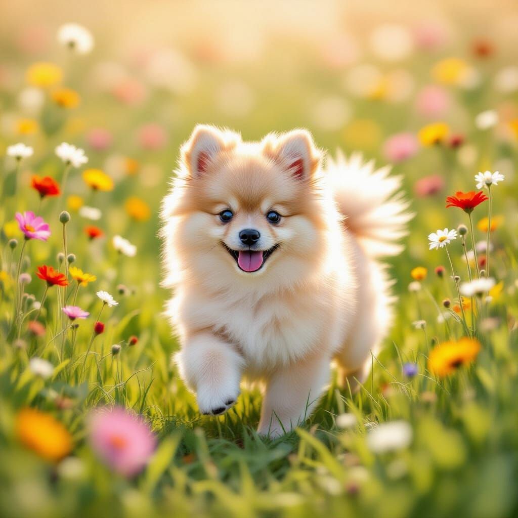 Pomeranian Puppy in Wildflower Meadow: Impressionist Style