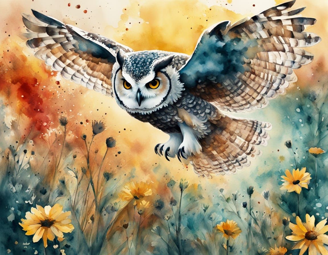 Wild Owl Flight over Flower Meadow: Watercolor