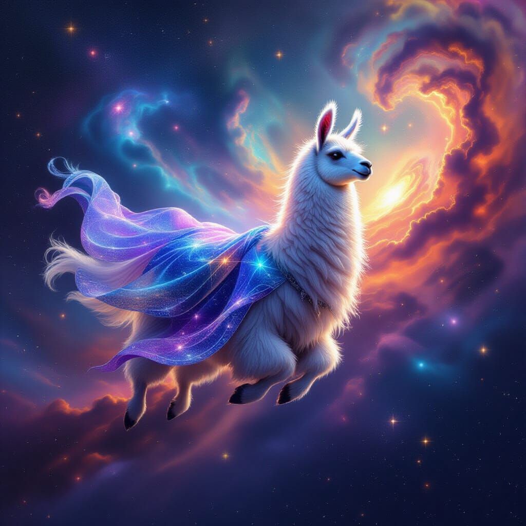 Celestial Llama in Nebula with Starlight Cloak