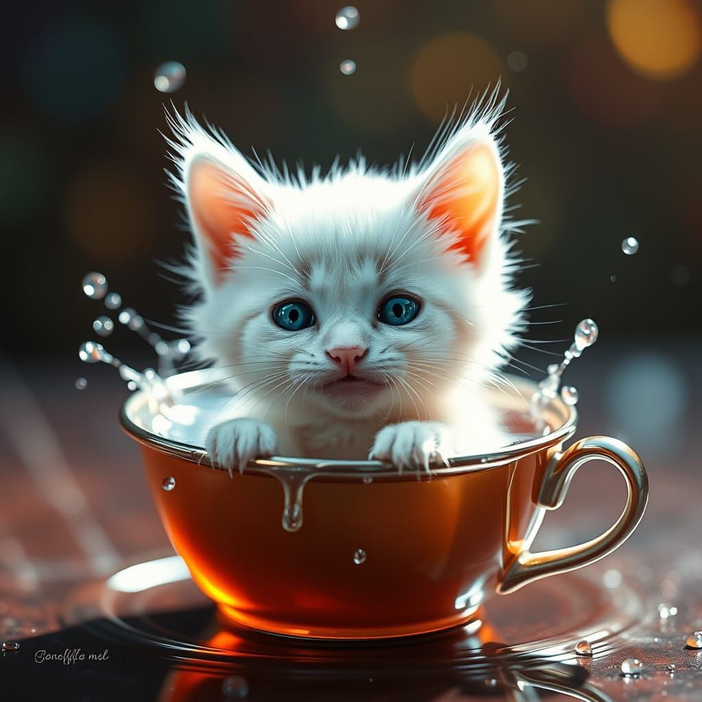 Kitten Bathing in Teacup: Hyperrealistic Concept Art