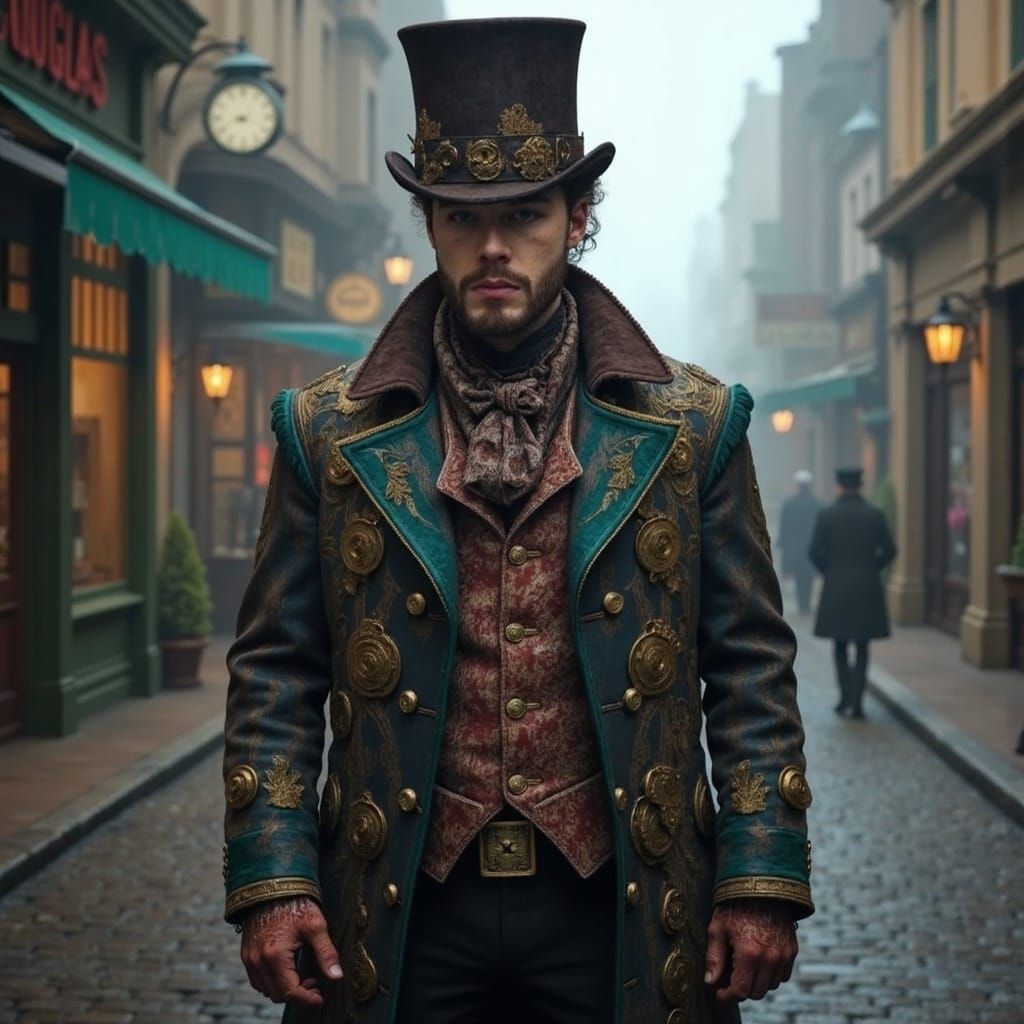 Victorian Timelord in Foggy Street, Hyperrealistic Style