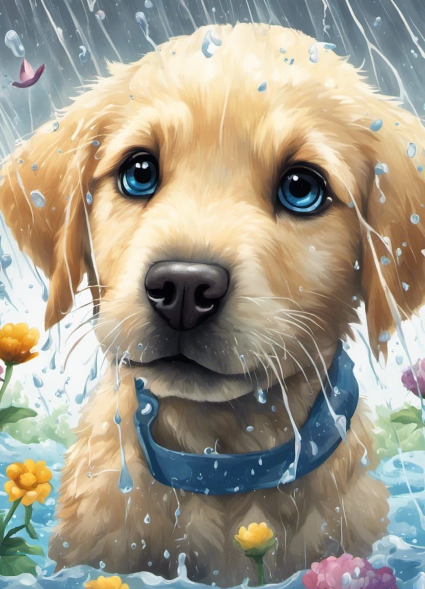 Chibi Golden Labrador Puppy in a Magical Rainy Garden