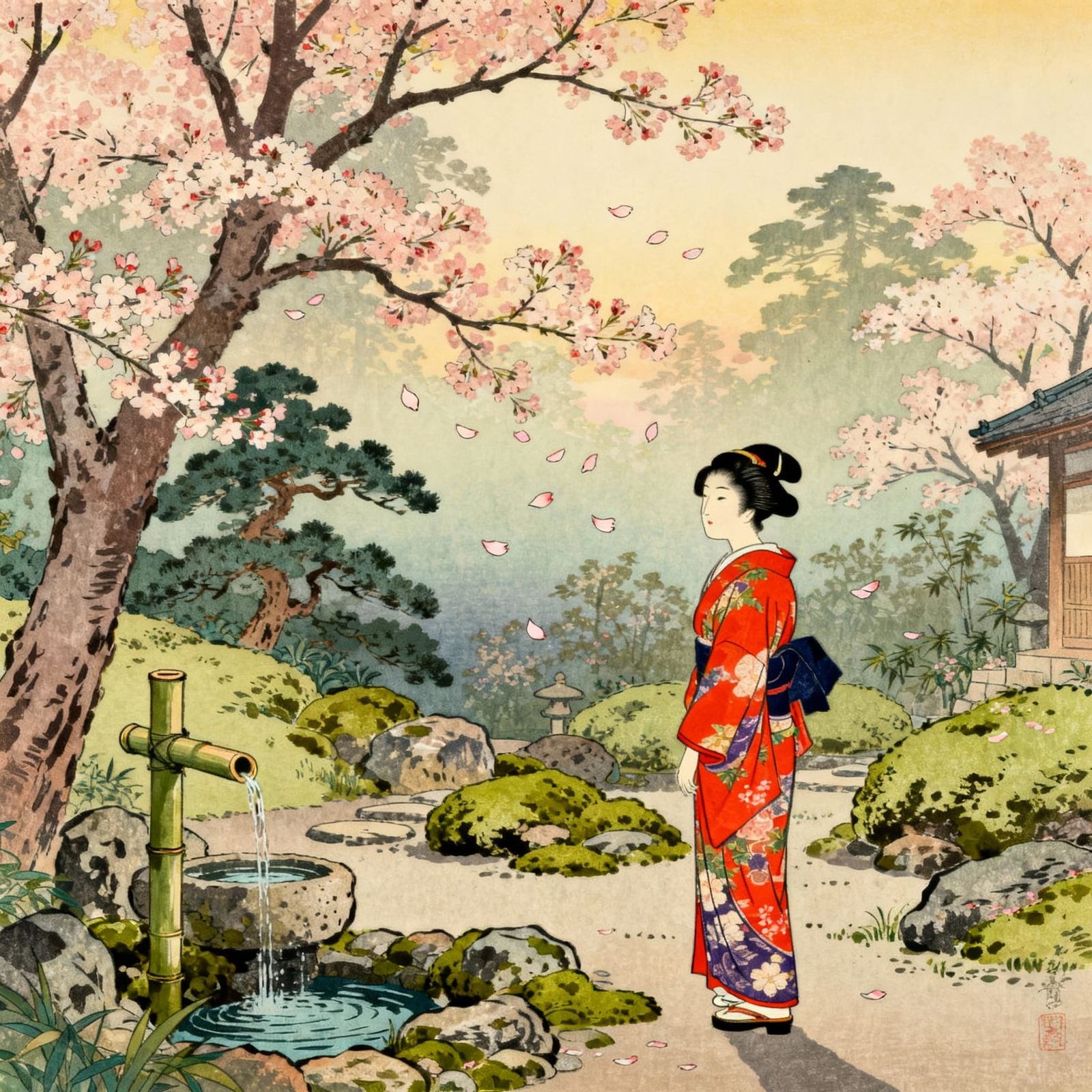 Serene Japanese Lady in Zen Garden, Ukiyo-e Style