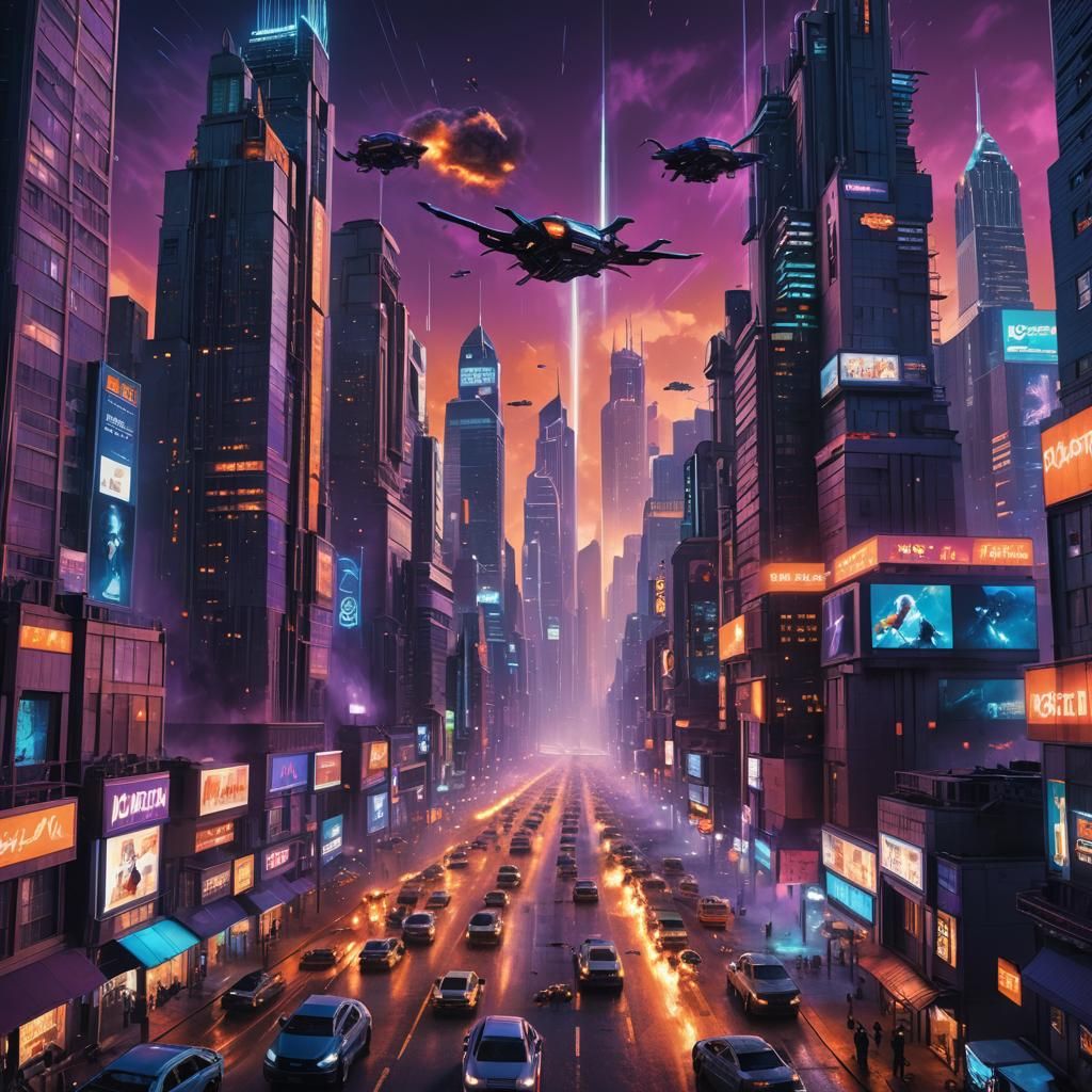 Android Attack on Metropolis in Neon Cyberpunk Style