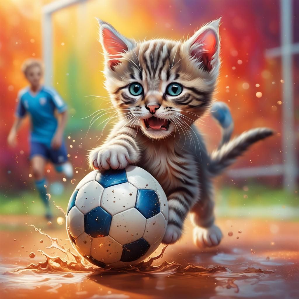 Hyperrealistic Kitten Plays Soccer in Splash Art Style