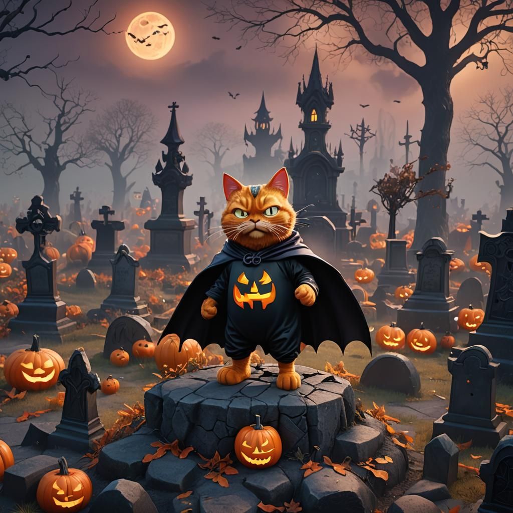 Garfield Cat in Halloween Costume, Cartoon Art