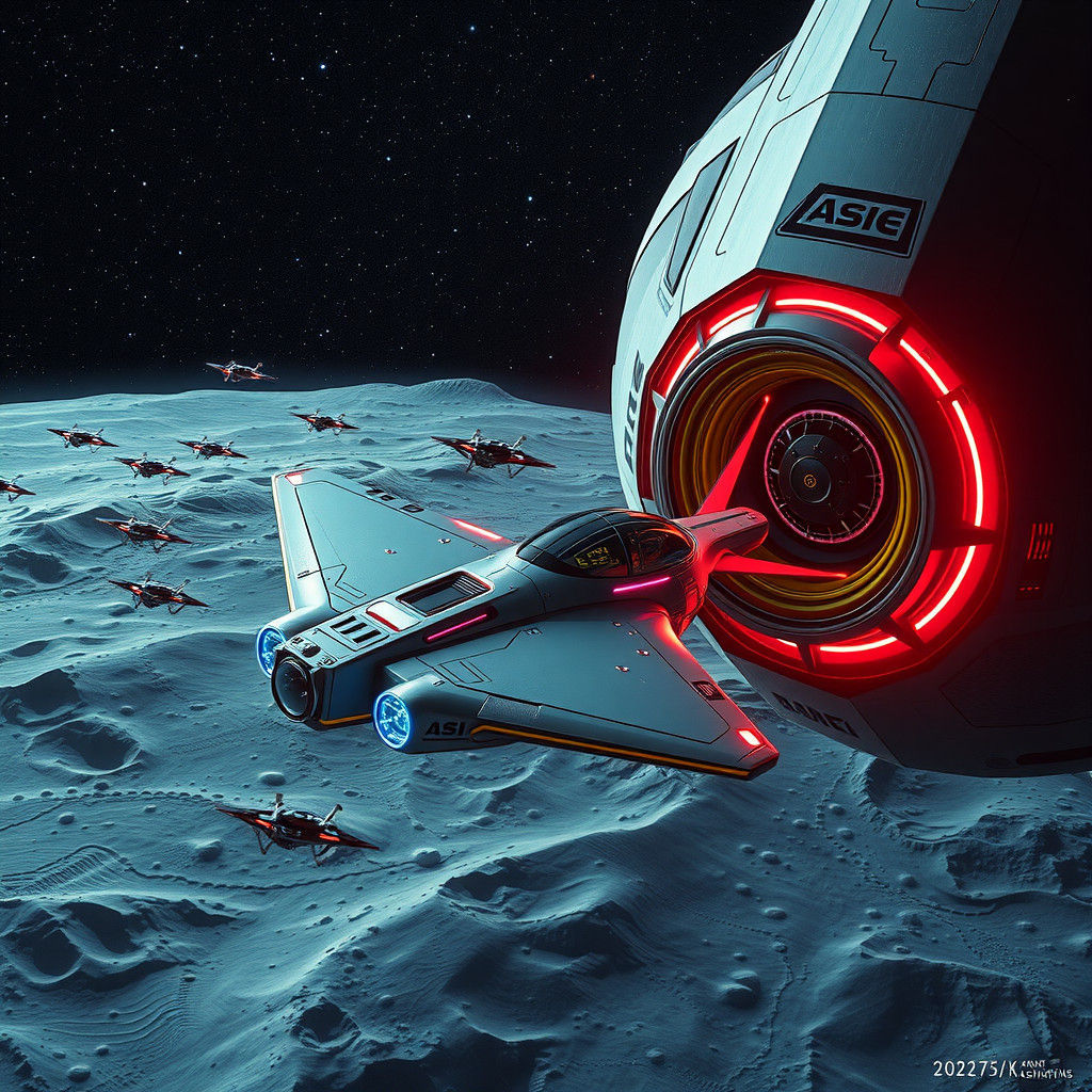 Futuristic Spacecraft Refuels at Lunar Station in 8K