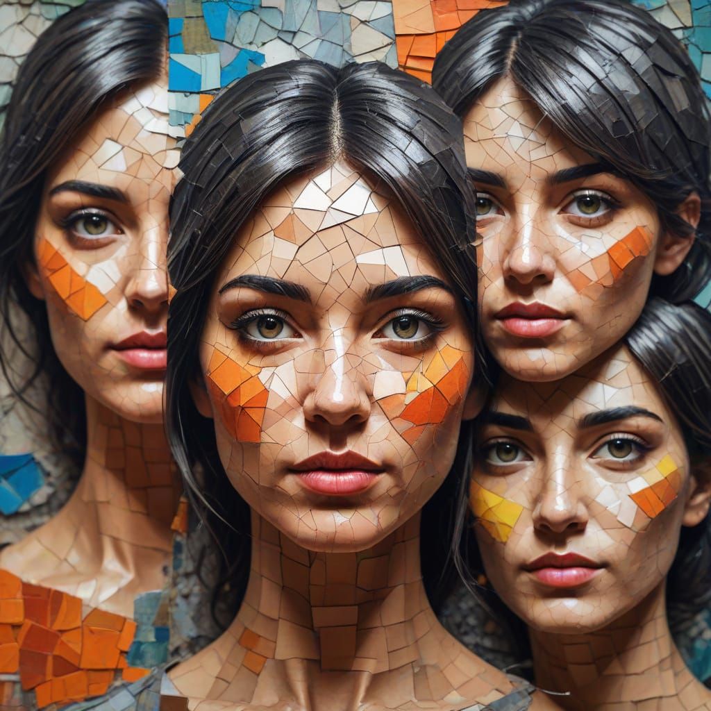 Fauvist Mosaic of Distressed Female Faces