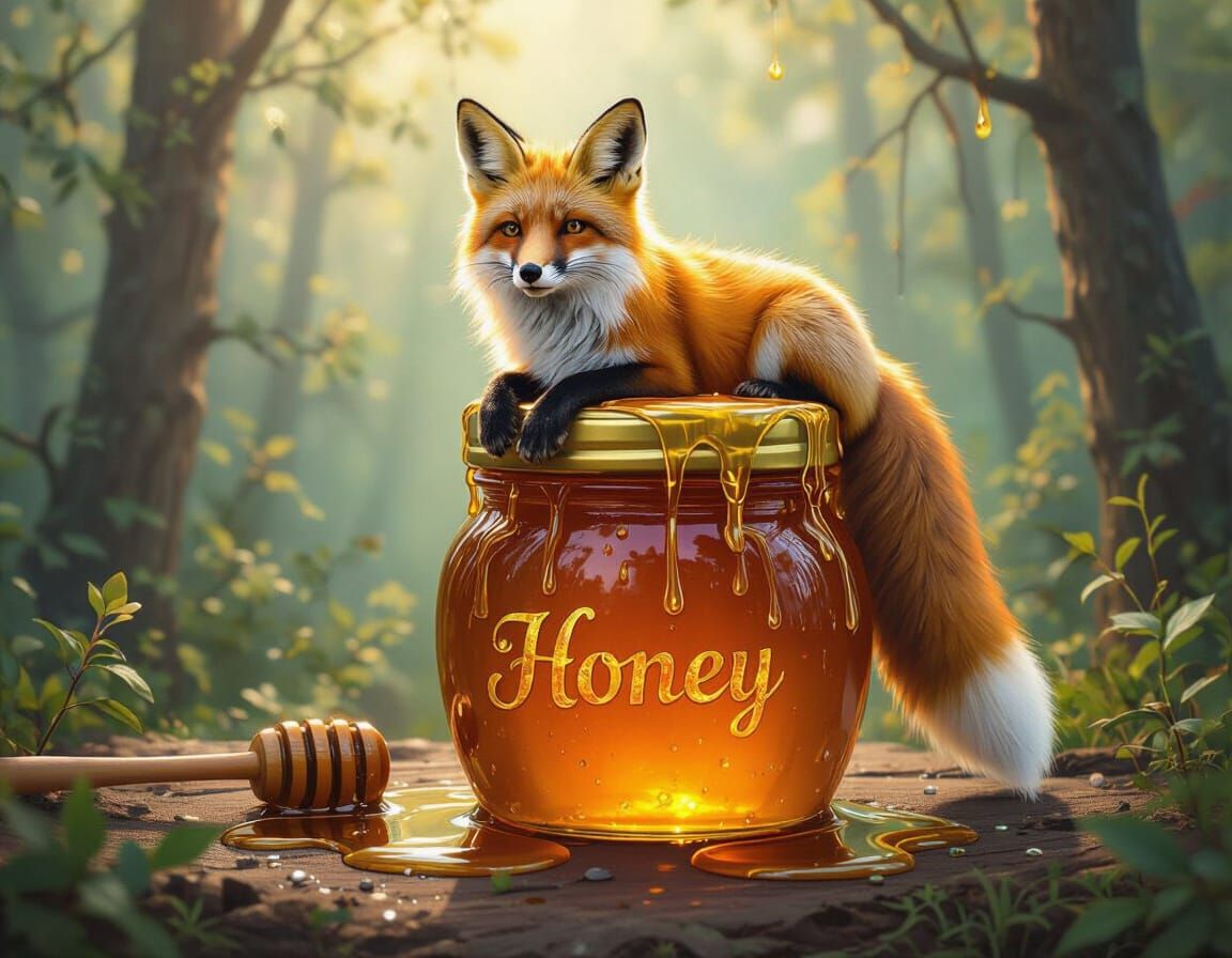 Golden Honey Fox on Jar, Forest Background