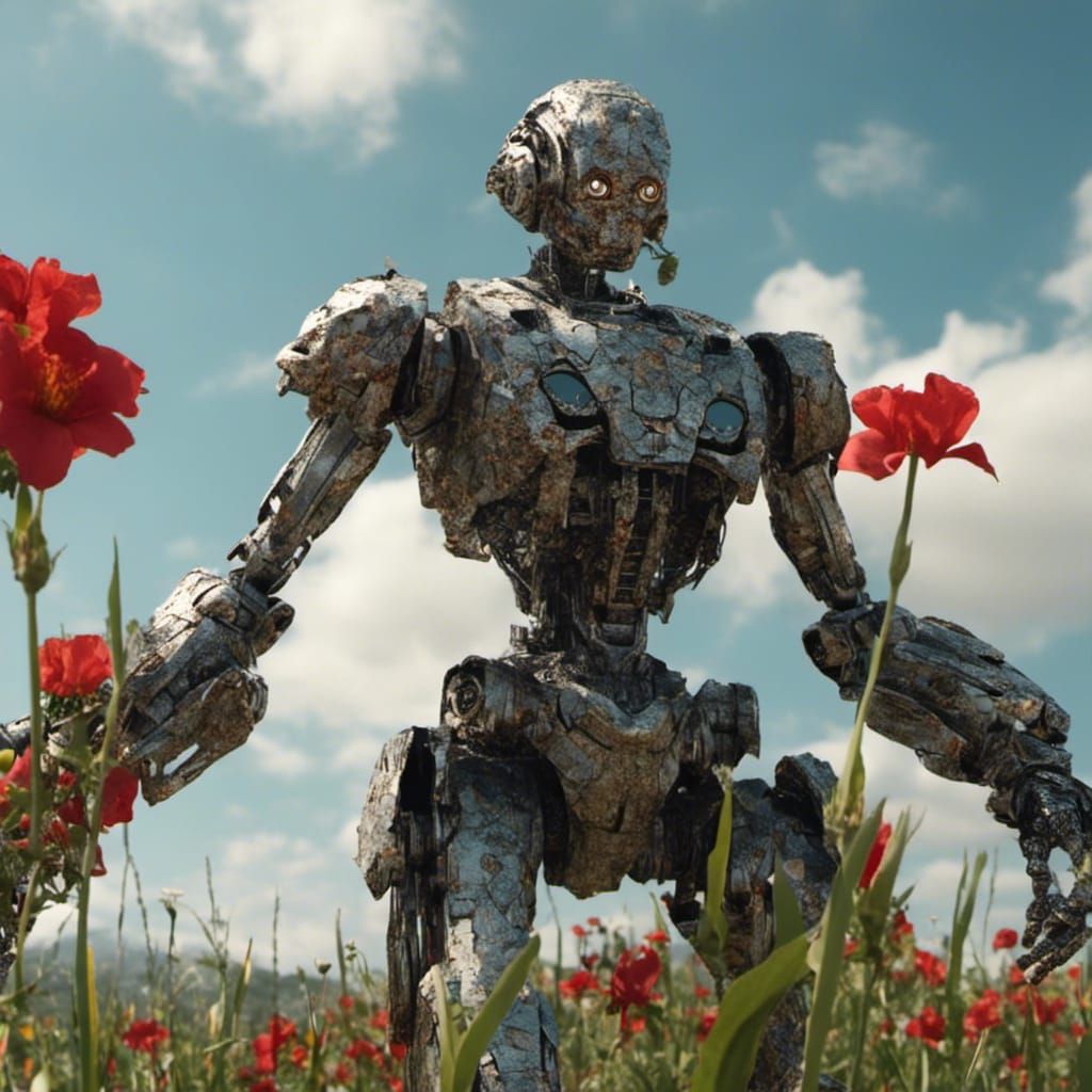 Robot with Flower Kisses: Detailed Fantasy Art