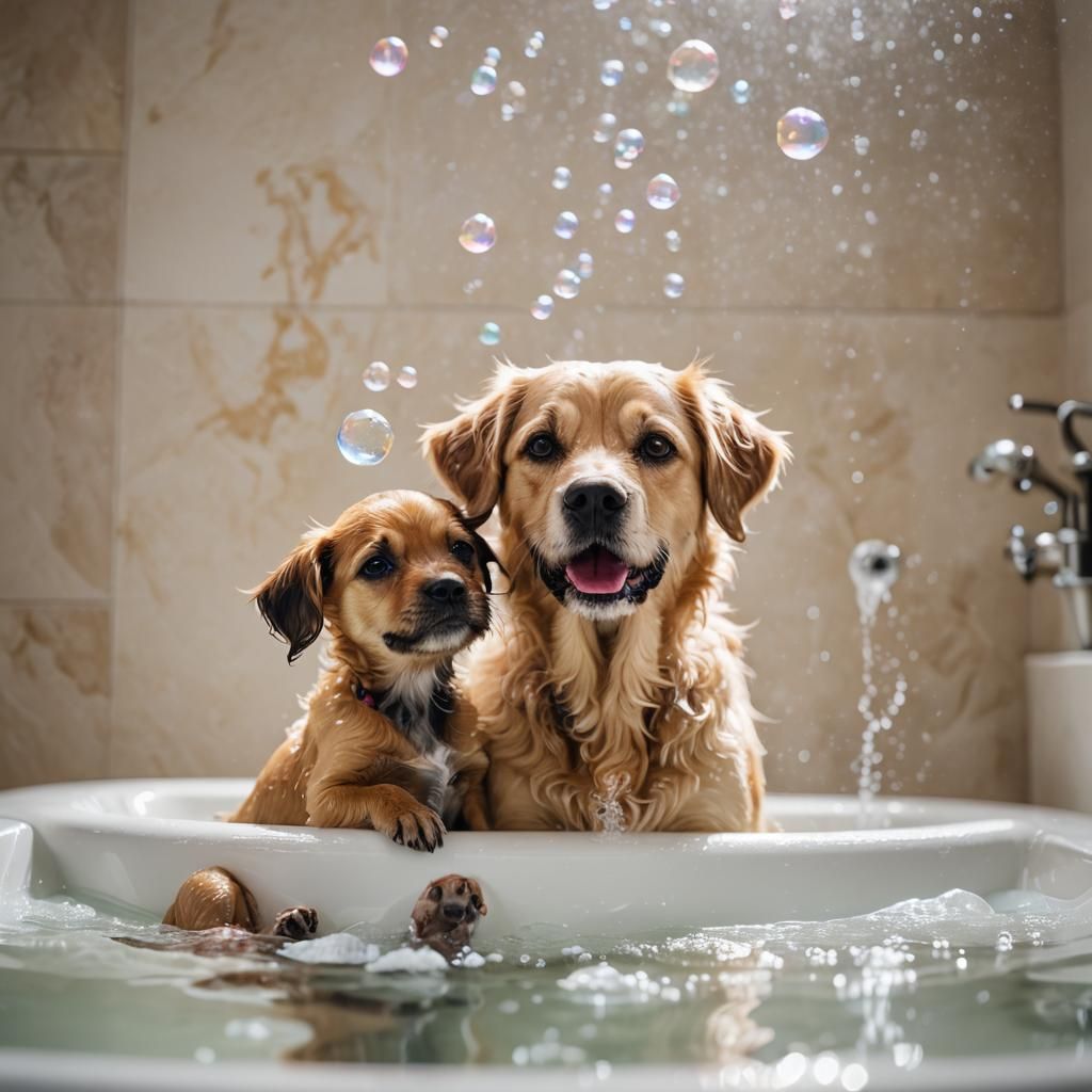 Puppy and Mother Dog in Bubble Bath