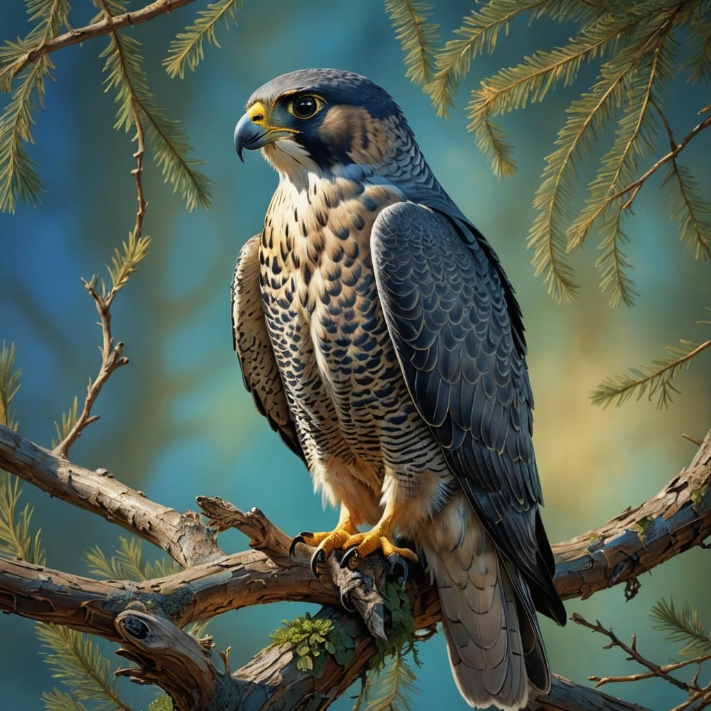 Peregrine Falcon Perched, Hyperrealistic Digital Art