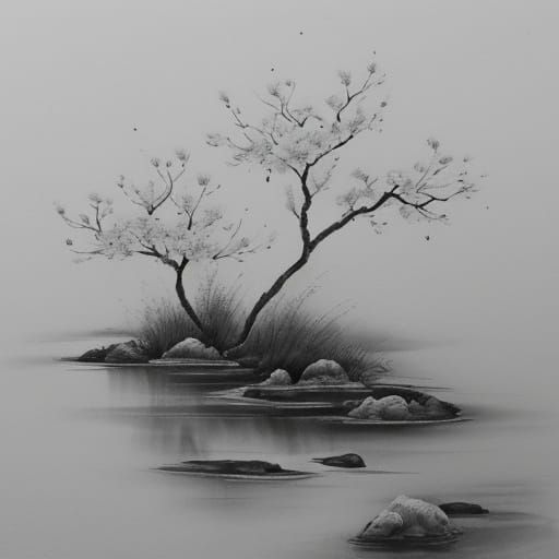 Ink Wash Painting: Flower by River in Chinese Style