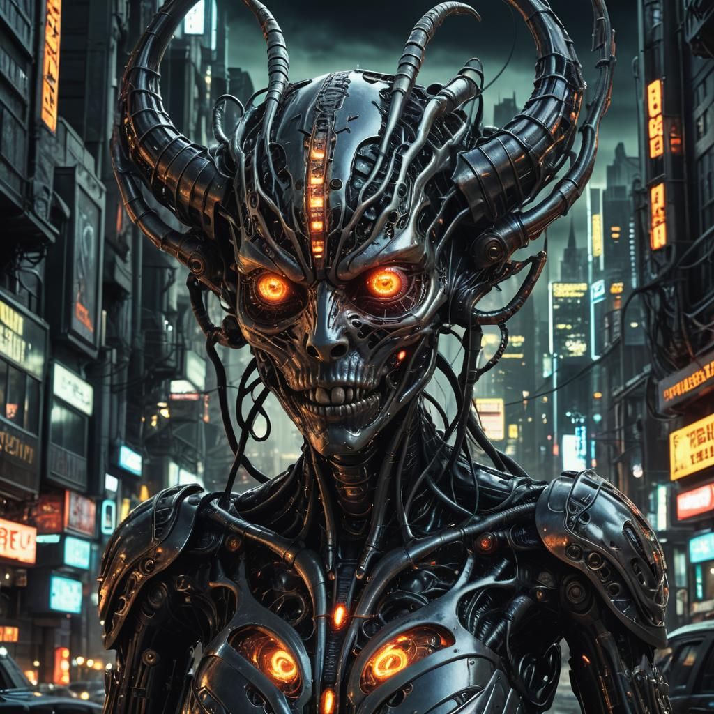 Biomechanical Female Cyborg Demon in Surrealist Art Style