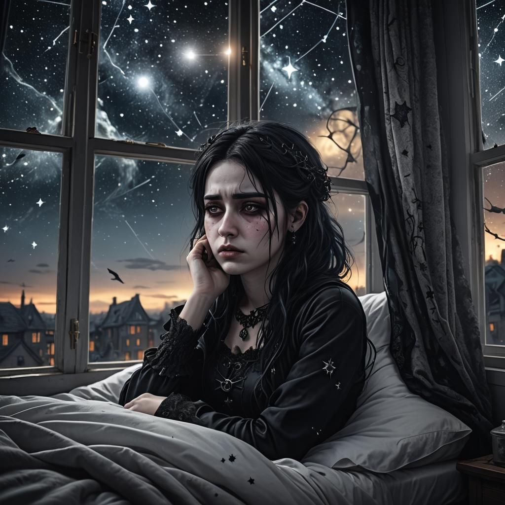 Sad Goth Girl Crying Under the Stars