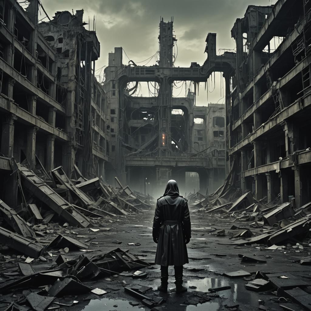 Dystopian Surrealism: Lone Figure in Industrial Ruins