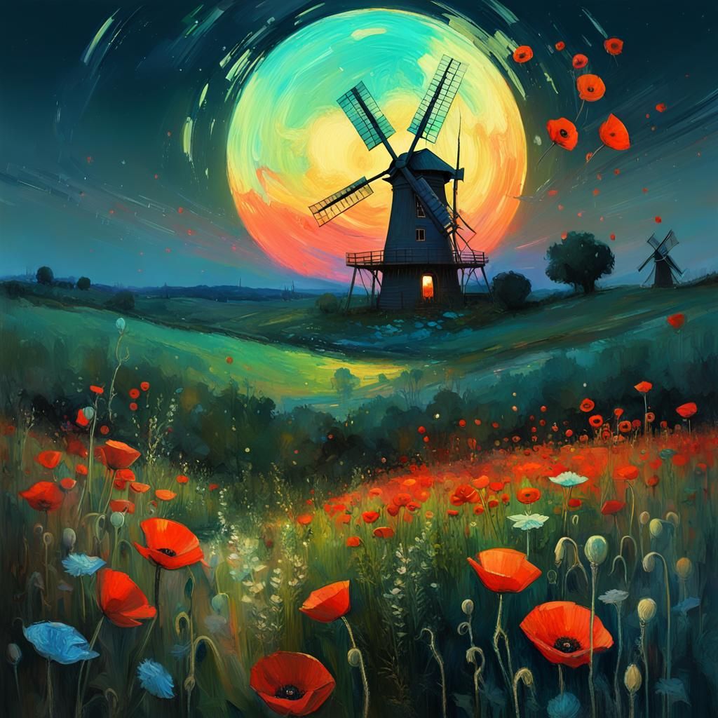 Iridescent Biopunk Meadow at Full Moon Night