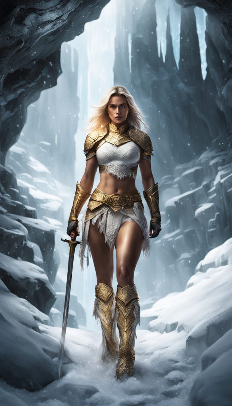 Epic Hyperrealistic Portrait of a Warrior Woman in Snowy Cav...