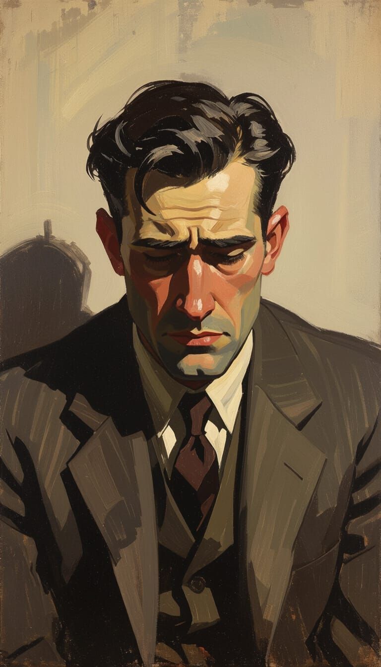 Distraught Man's Face in a Vintage, Melancholic Scene