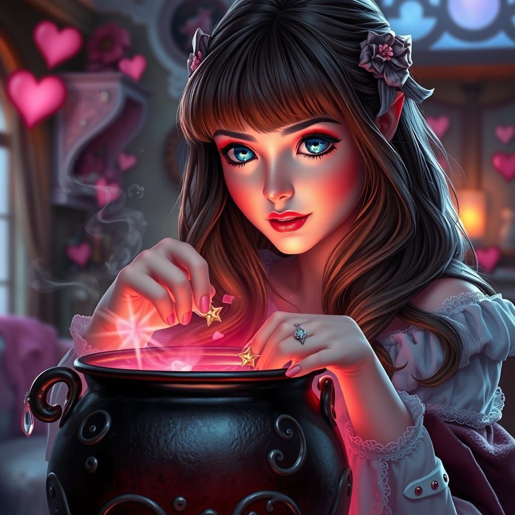 Ethereal Love Potion Maker in a Whimsical 3D Scene