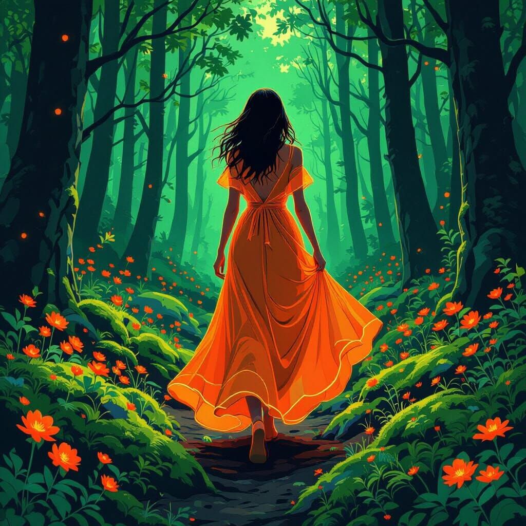 Bohemian Woman in Neon Forest Illustration