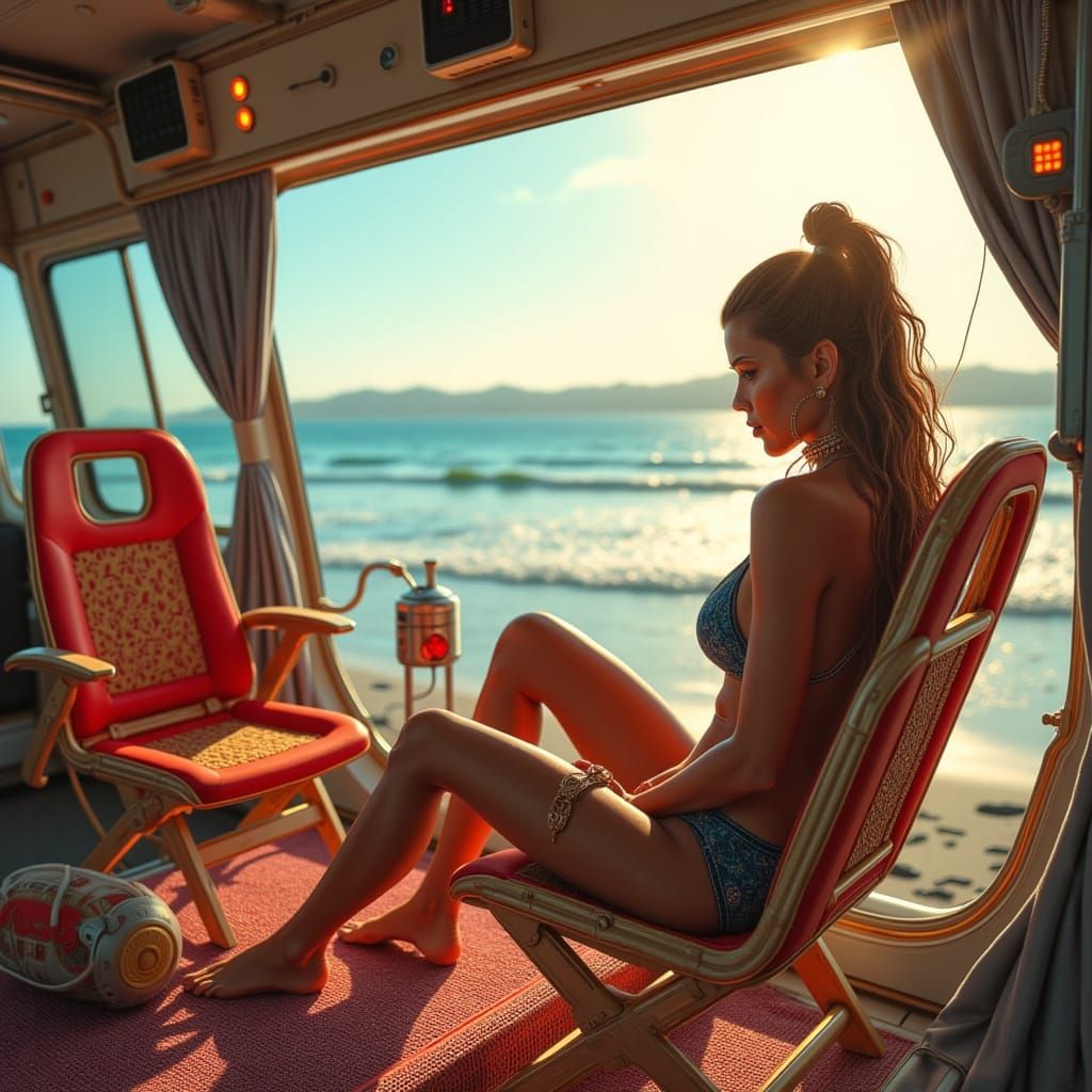 Beachside Camper with Woman in Bikini