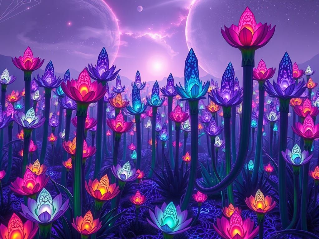 Fantastical Alien World with Bioluminescent Giants