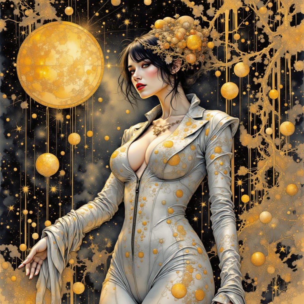 Barbarella in Golden Cosmic Patterns, Luminous Watercolor