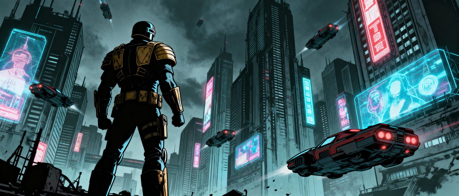 Judge Dredd in Neon Futuristic Cityscape