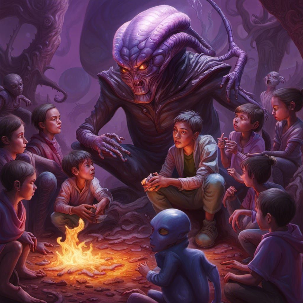 Alien Storyteller Inspires Younglings by Dancing Fire