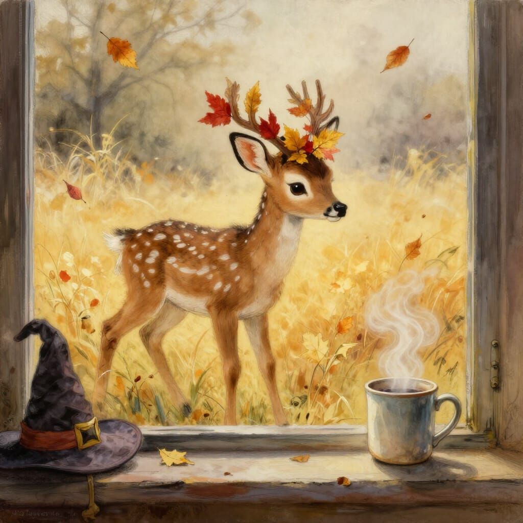 Fawn in Autumn Meadow with Leaf Crown in Watercolor-Gouache ...