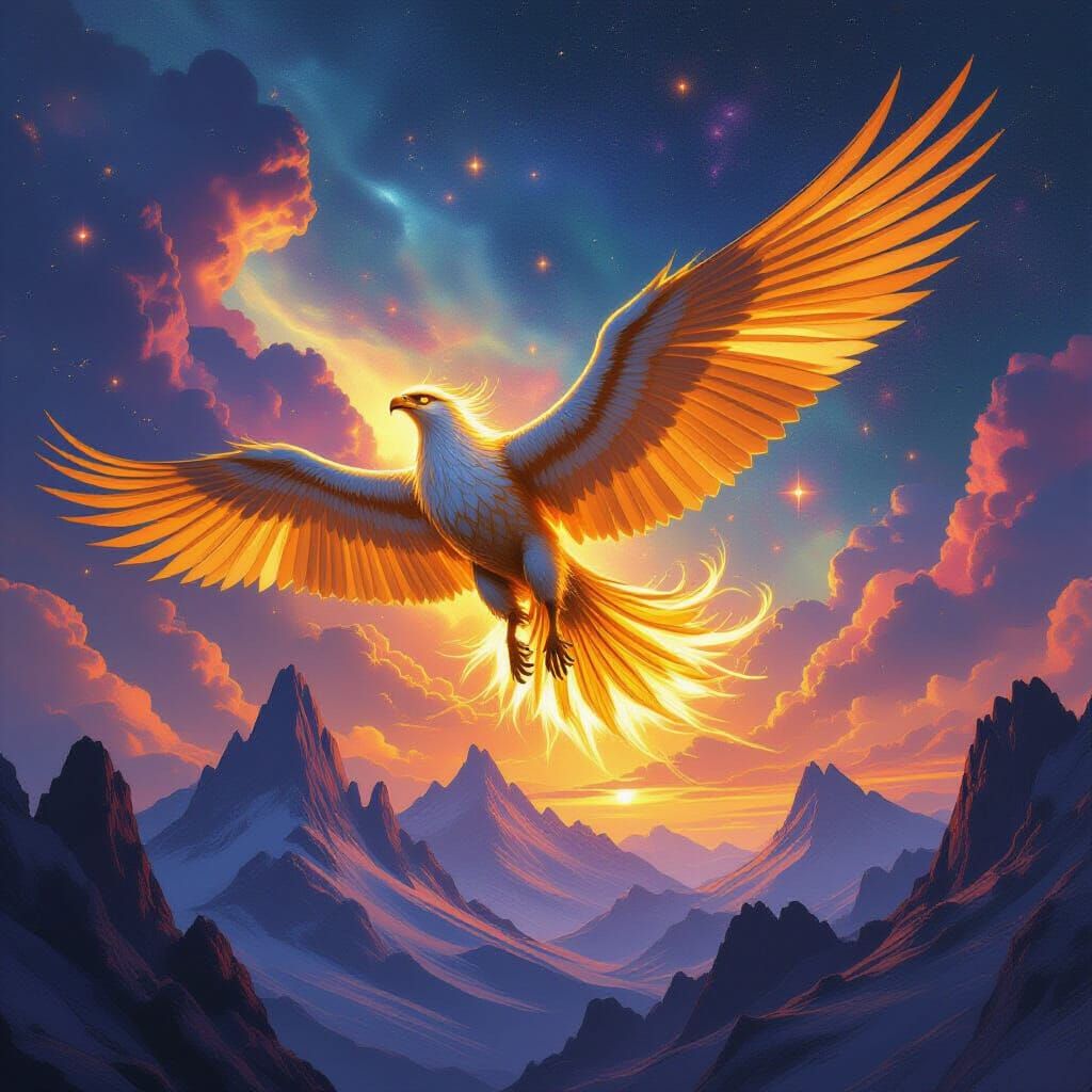 Golden Griffin Soaring Through Cosmic Nebula