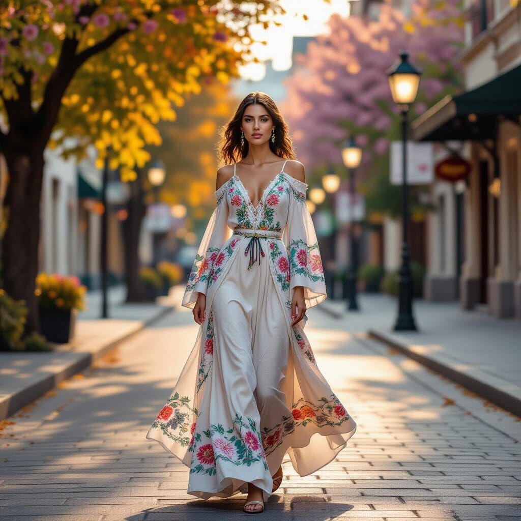 Elegant Woman in Spring City Street Oil Painting