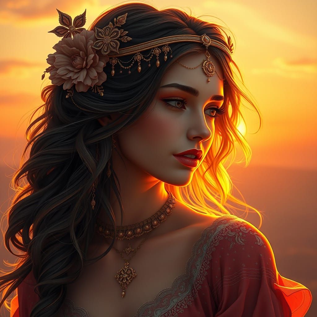Surreal Sunset Goddess in Art Nouveau Style