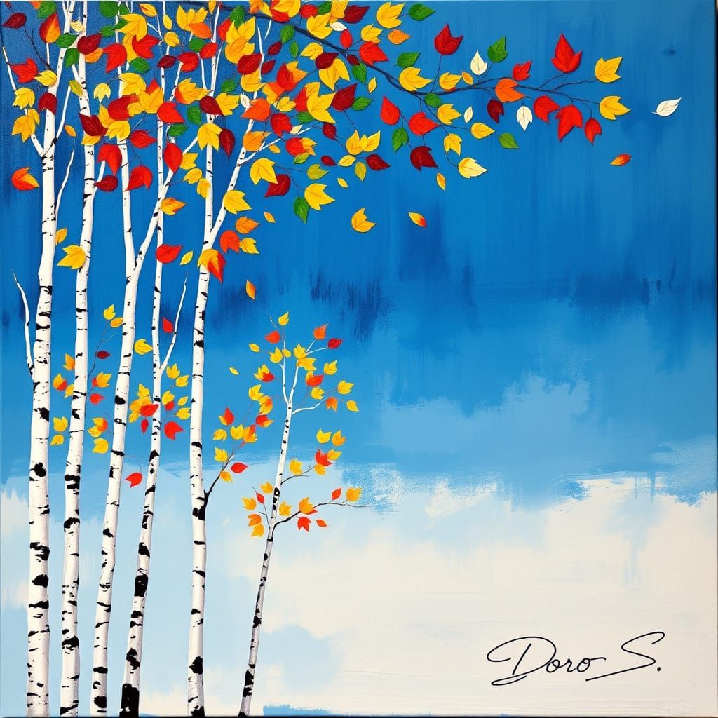 Birch Trees in Impasto Art Deco Style with Colorful Leaves