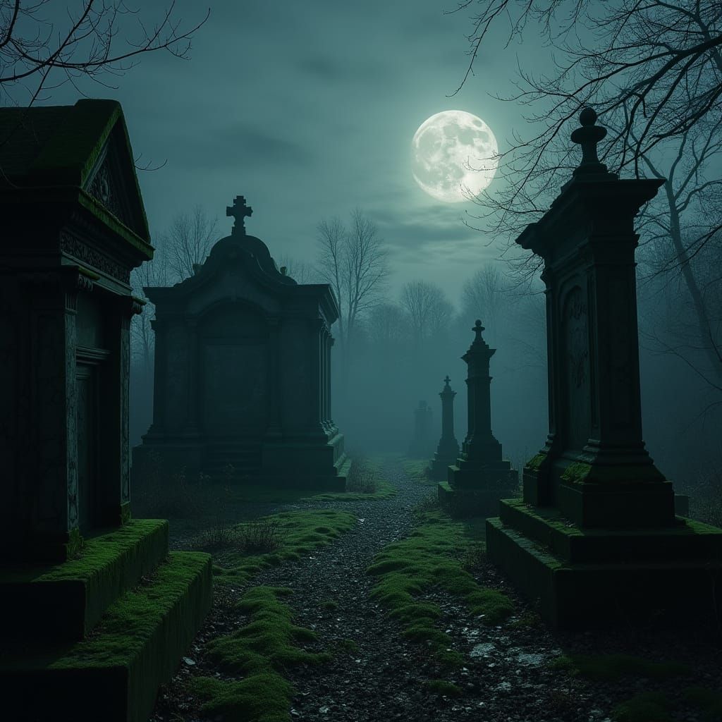 Overgrown Cemetery at Night in Dark Surreal Style