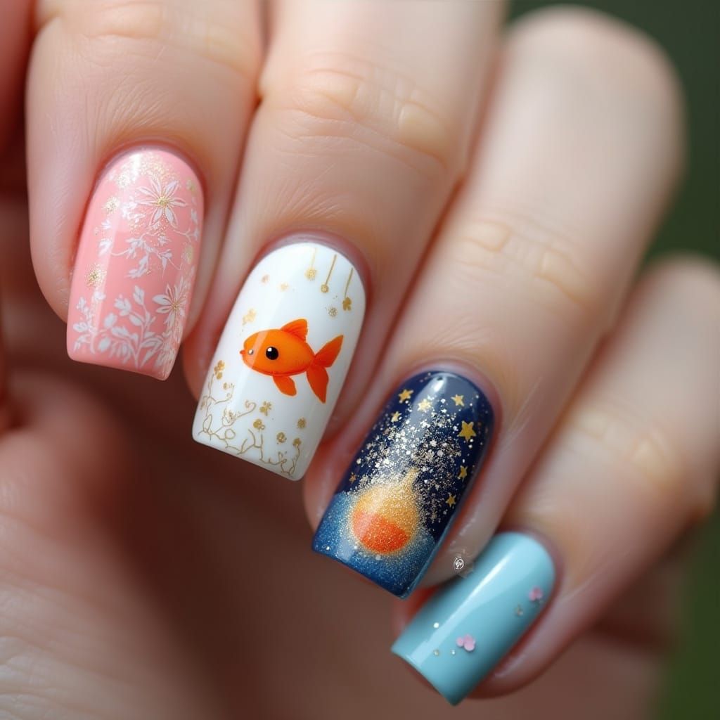 Natsumatsuri Nails Art with Goldfish and Hanabi
