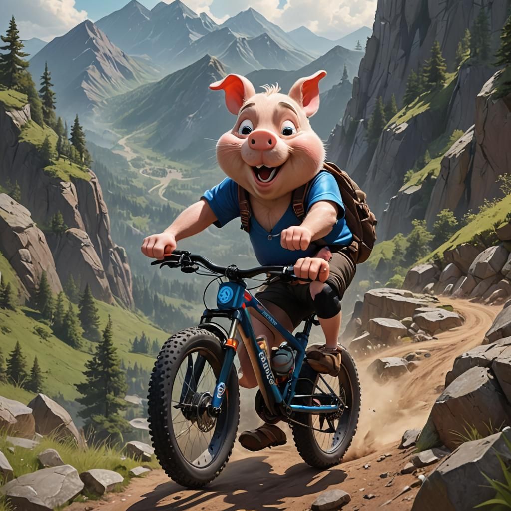 Porky Pig Rides a Mountain Bike in 3D Anime Art