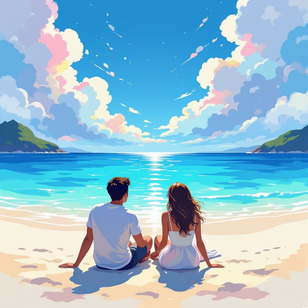 Couple on Beach in Gouache Candyland Style