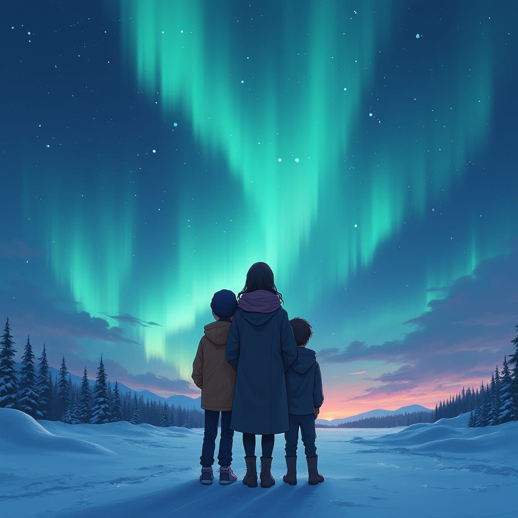 Two Teenage Boys Lean on Mother Under Vibrant Aurora