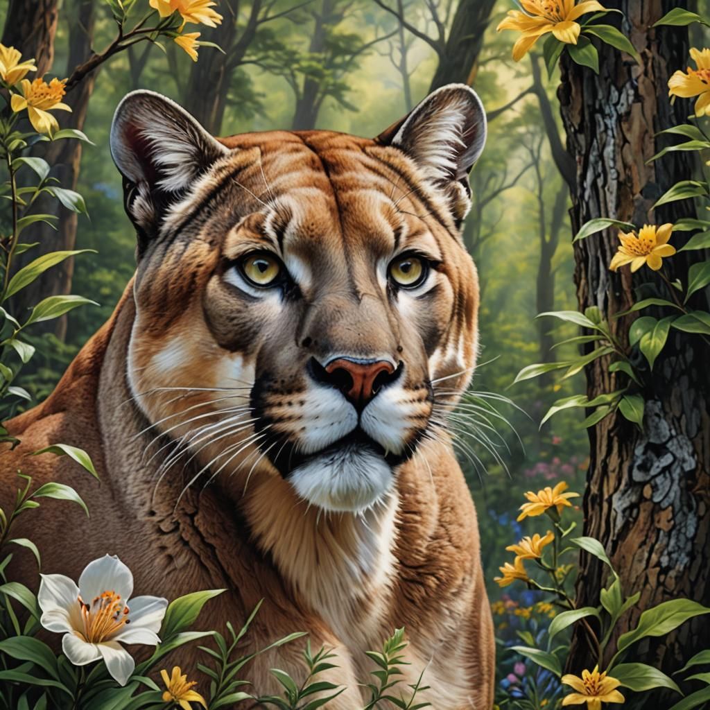 Mountain Lion in Spring Forest, Hyperrealistic Illustration
