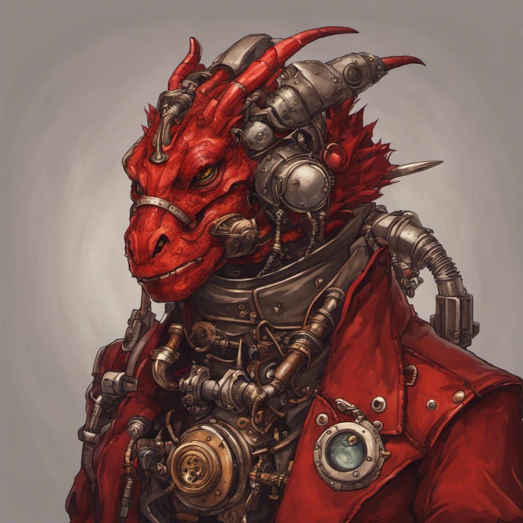 Red Dragonborn Artificer in Steampunk Gear