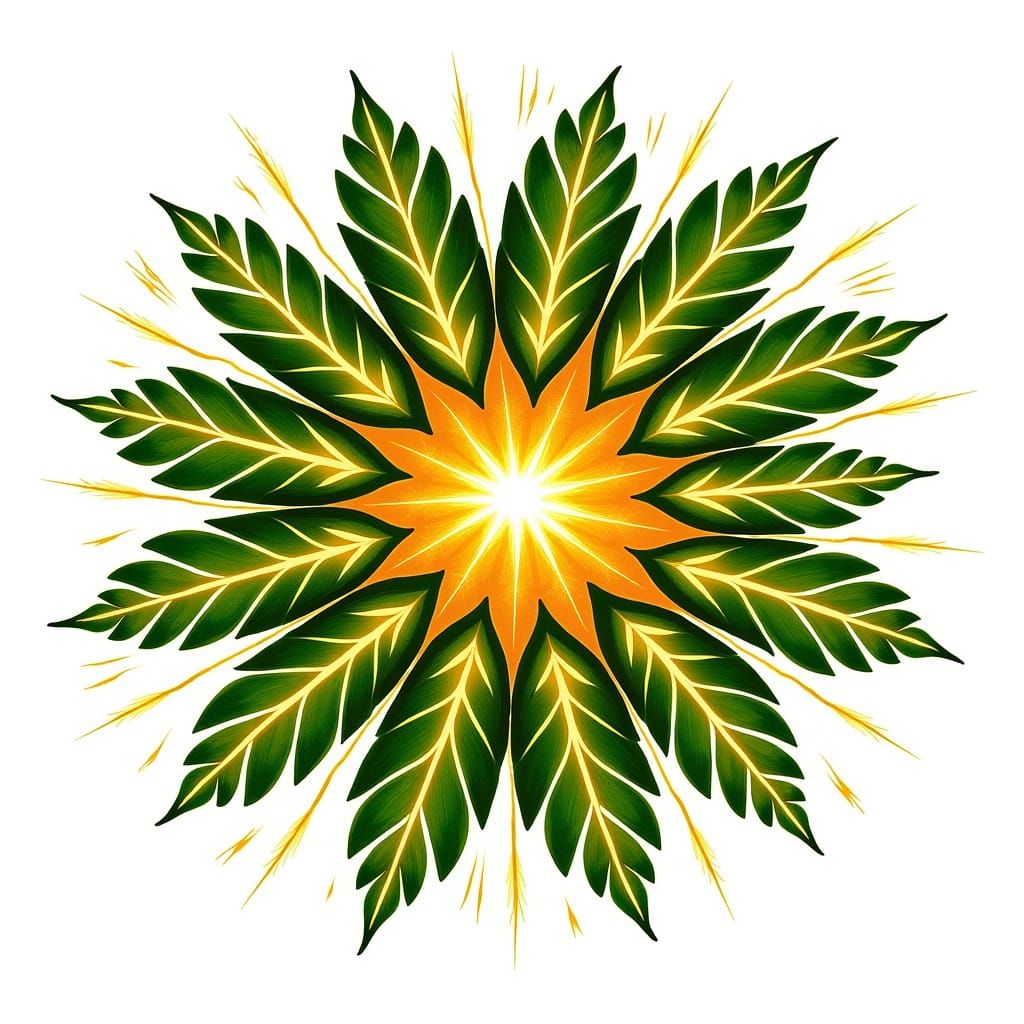 Majestic Fractal Blooms with Green Leaves and Golden Light